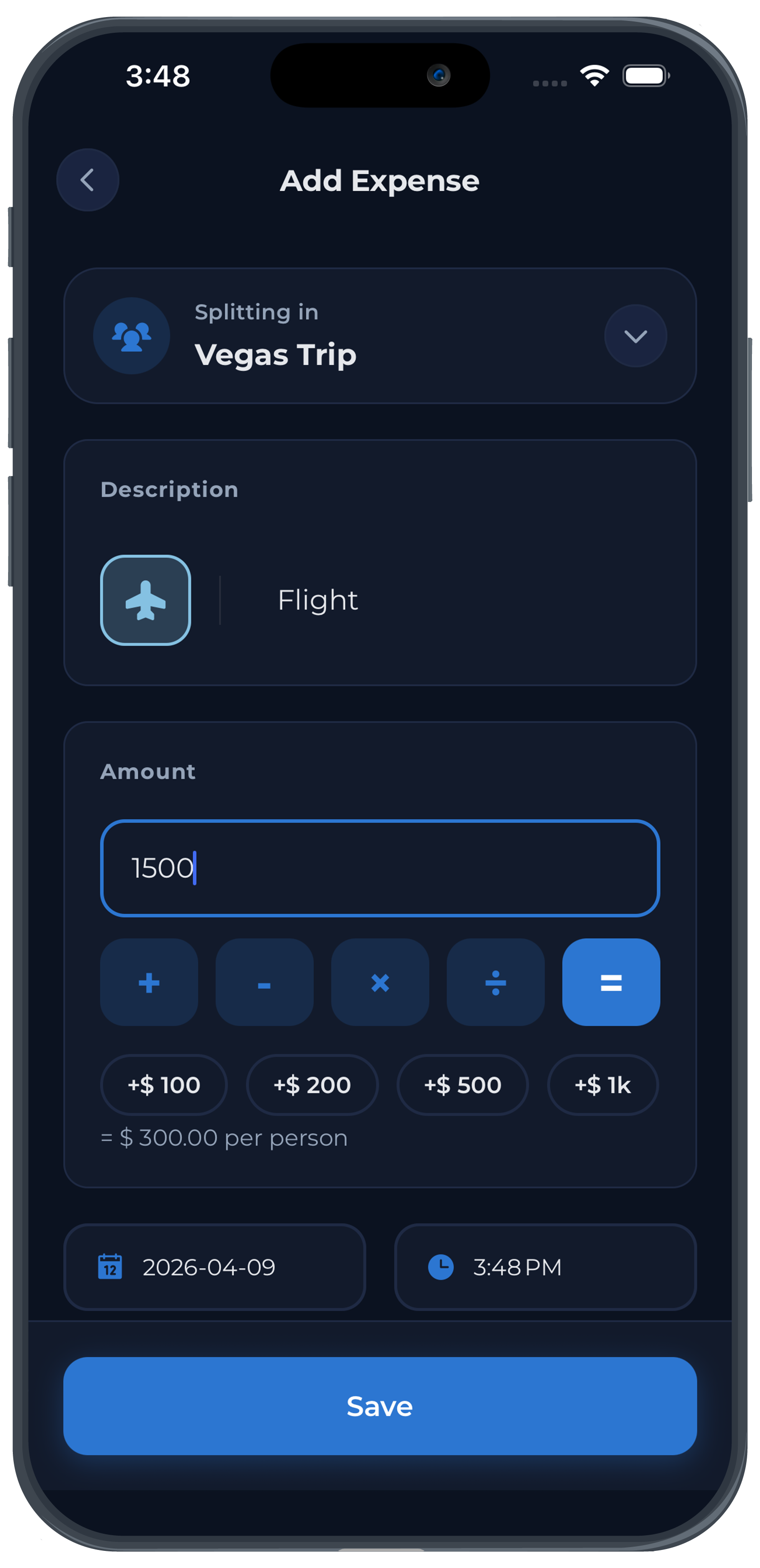 Add an expense and choose how to split it