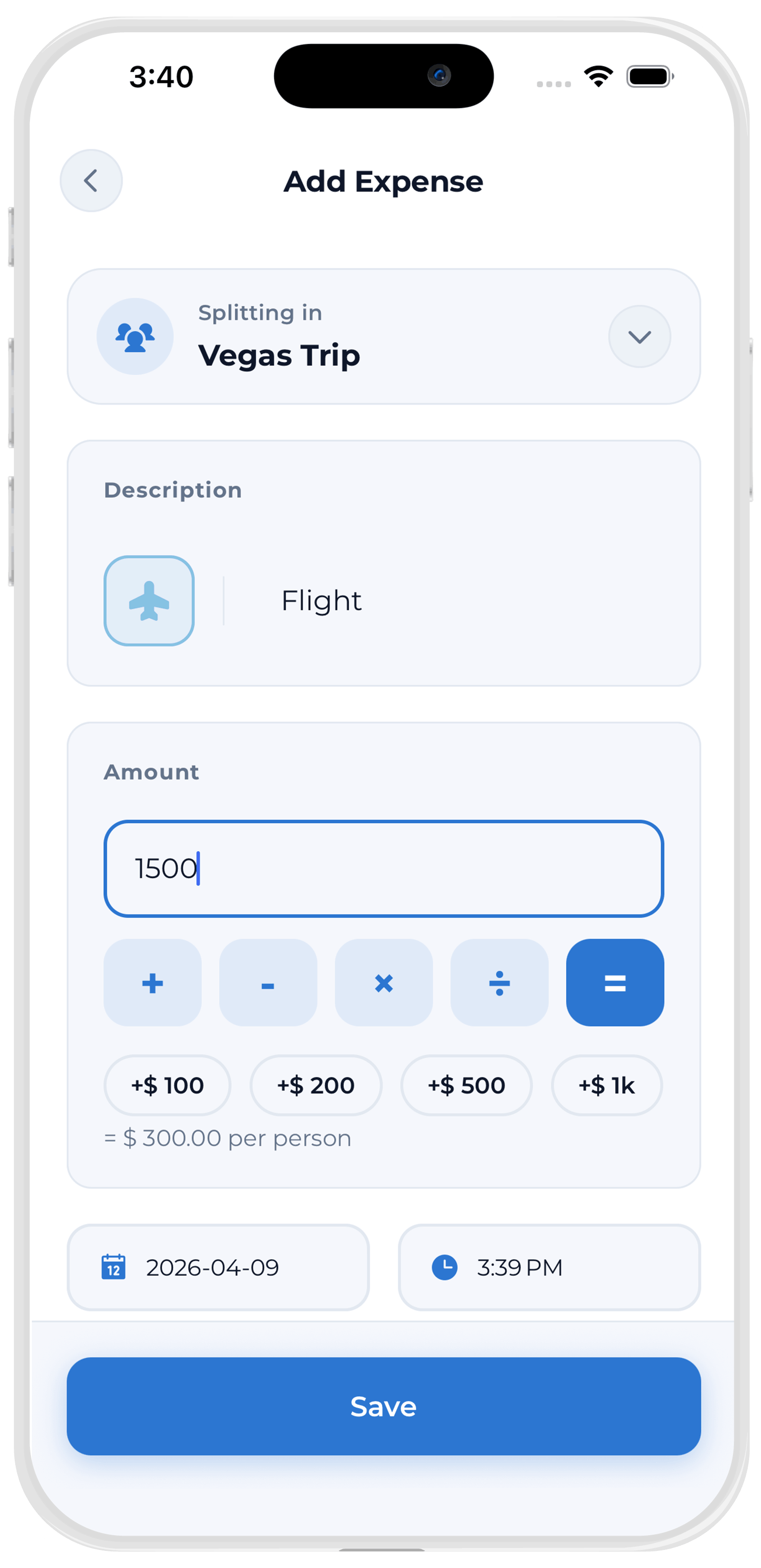 Add expense screen in Split Circle