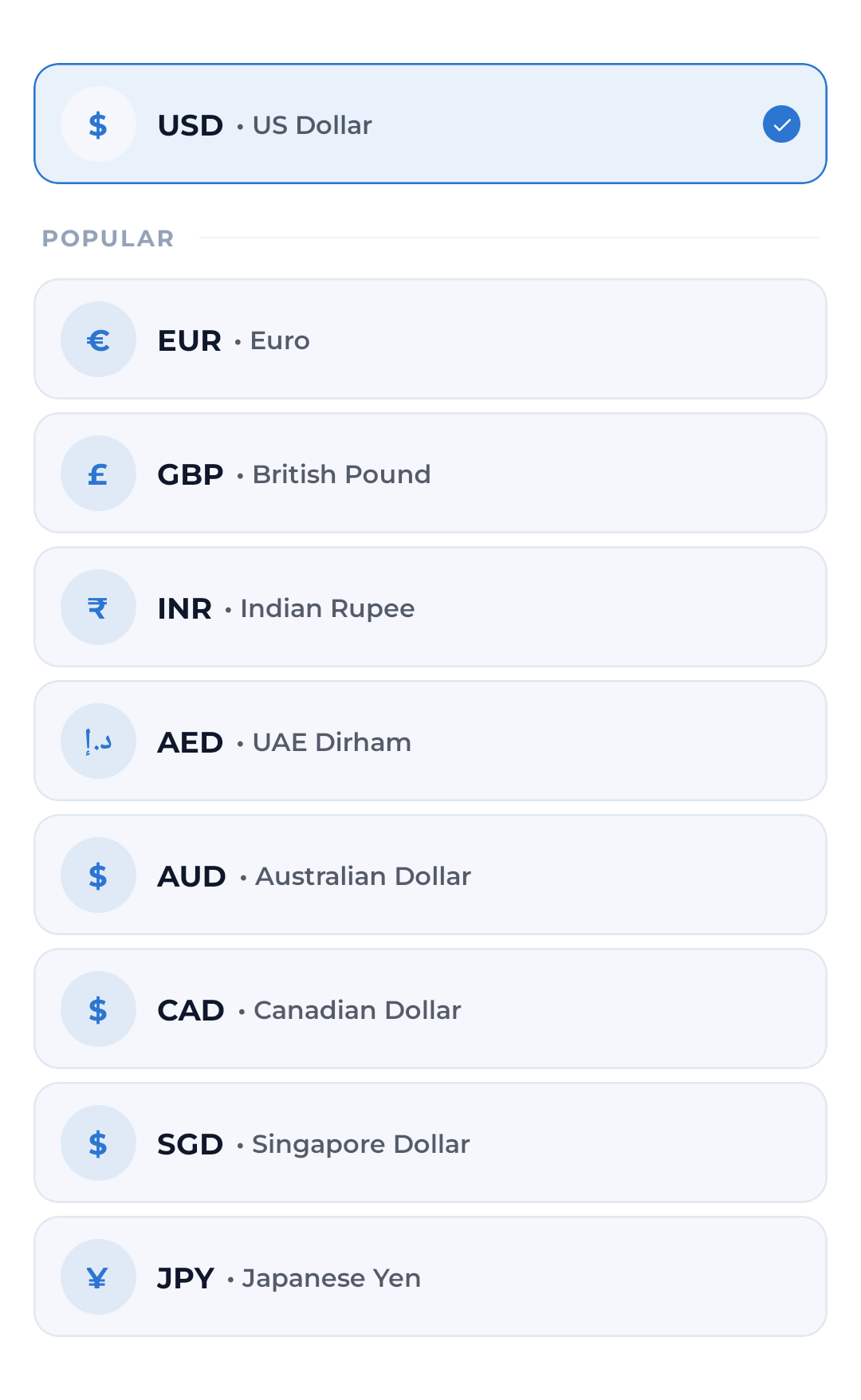 Currency selector showing a wide range of world currencies