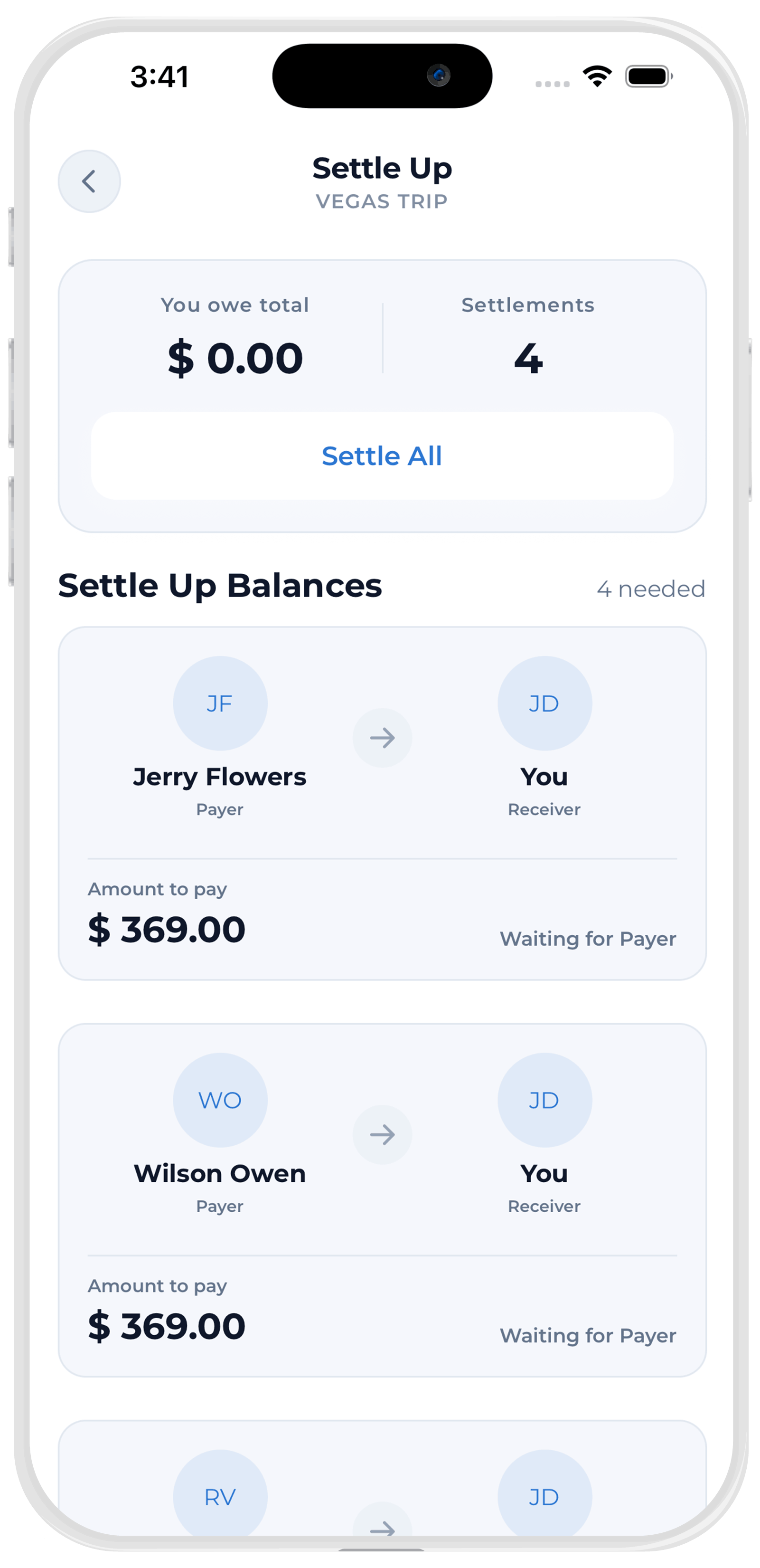 Settle up screen showing simplified group payments