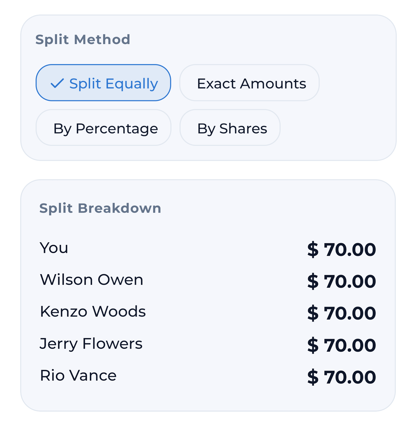 Split method selector showing four options